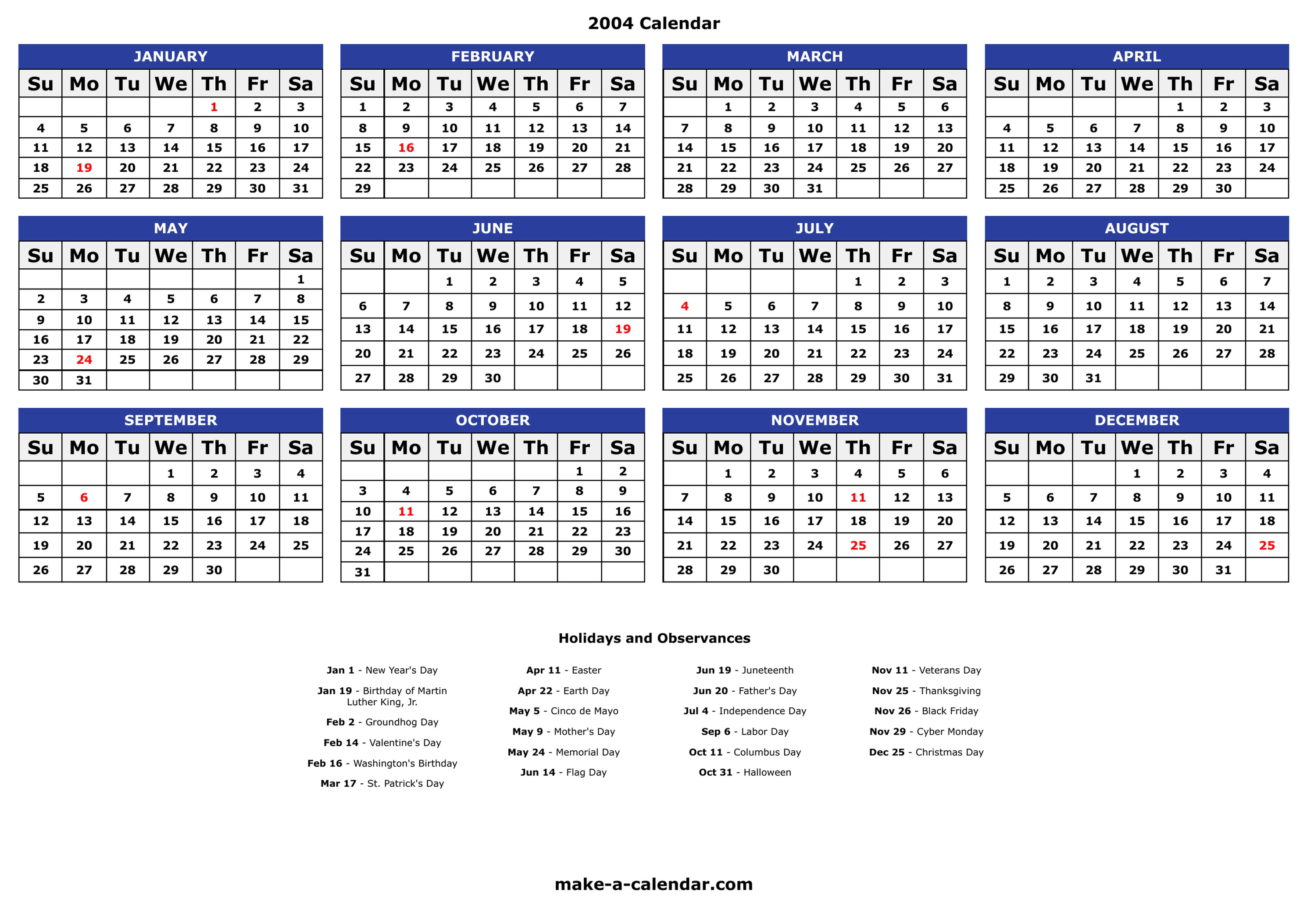 2004 Yearly Calendar Print PDF With Holidays Week Numbers